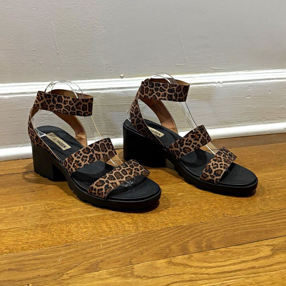 Steve Madden Haider Leopard Print Strappy Ankle Open Toe Block Heel Sz 9.5